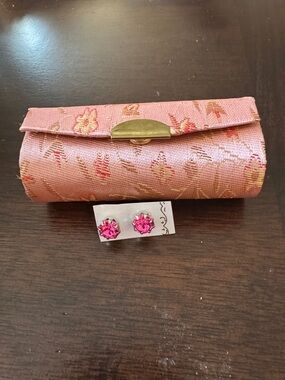 Pink Floral Lipstick Holder with Red Lining, Satin like Material